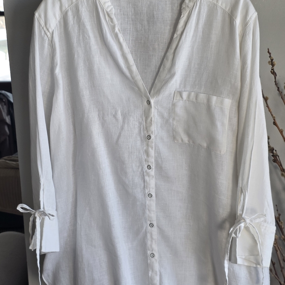 Zara Tops - Zara White Button-Down Linen-Blend Shirt